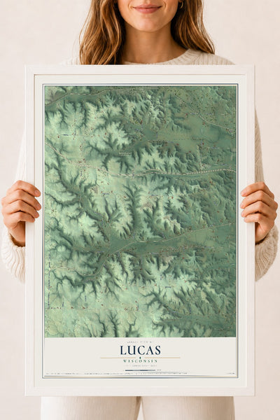 Map of Lucas, Wisconsin, 18 x 24 inch print in a white wood frame