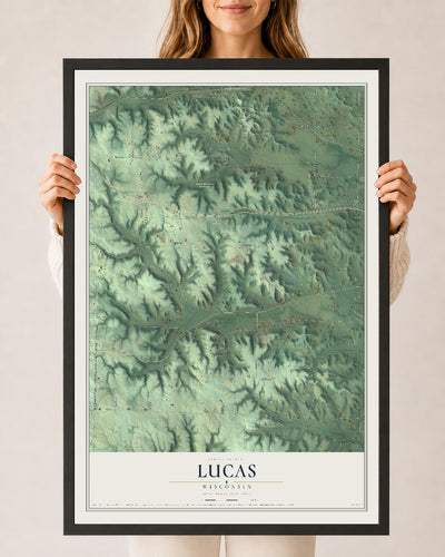 Map of Lucas, Wisconsin, 24 x 36 inch print in a black wood frame