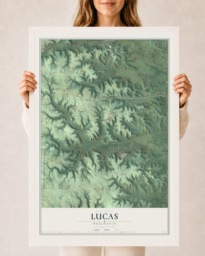 Map of Lucas, Wisconsin, 24 x 36 inch print in a white wood frame
