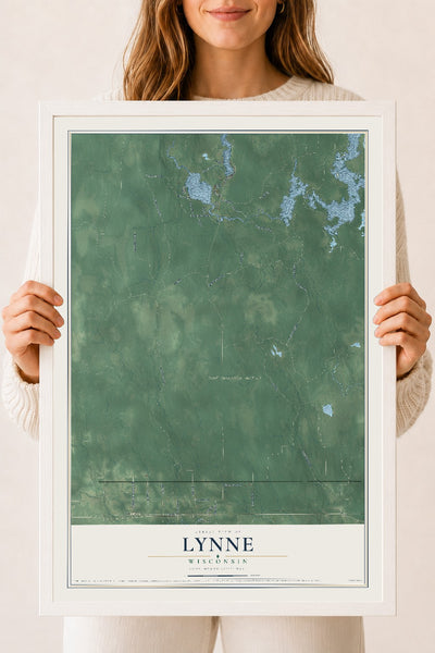 Map of Lynne, Wisconsin, 18 x 24 inch print in a white wood frame