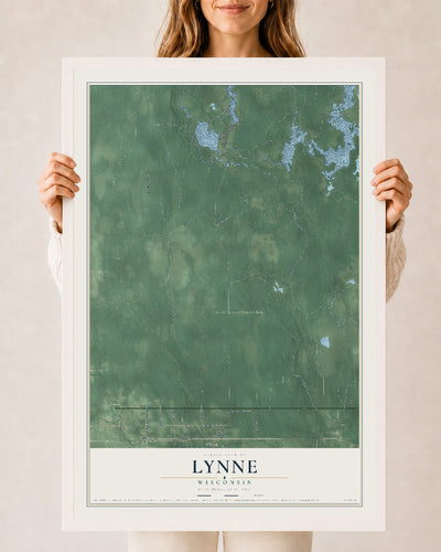 Map of Lynne, Wisconsin, 24 x 36 inch print in a white wood frame