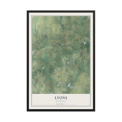 Map of Lyons, Wisconsin, 12 x 18 inch print in a black wood frame