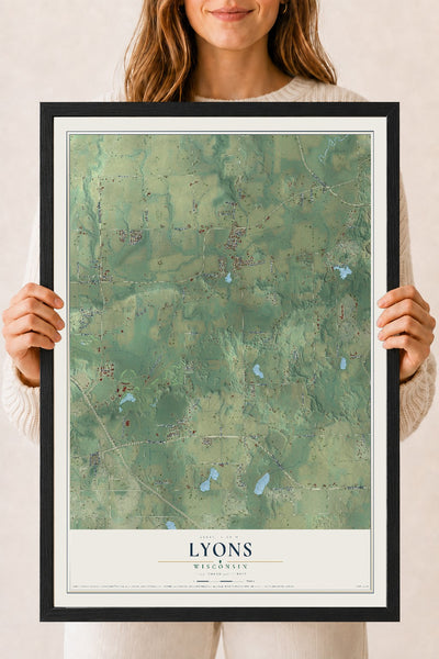 Map of Lyons, Wisconsin, 18 x 24 inch print in a black wood frame