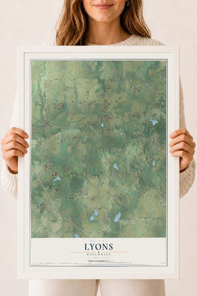 Map of Lyons, Wisconsin, 18 x 24 inch print in a white wood frame