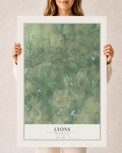 Map of Lyons, Wisconsin, 24 x 36 inch print in a white wood frame