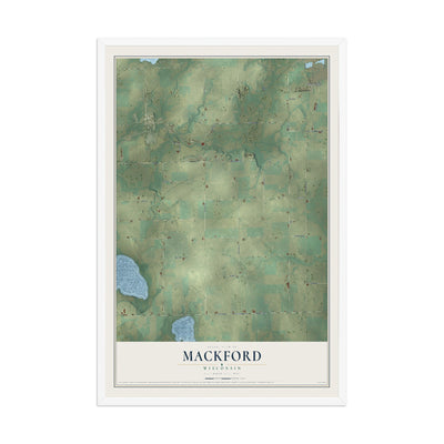 Map of Mackford, Wisconsin, 12 x 18 inch print in a white wood frame