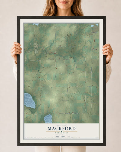Map of Mackford, Wisconsin, 24 x 36 inch print in a black wood frame