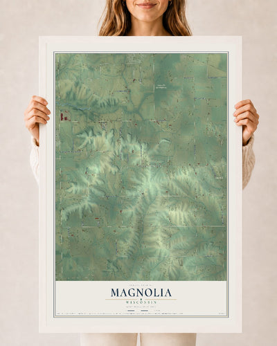 Map of Magnolia, Wisconsin, 24 x 36 inch print in a white wood frame