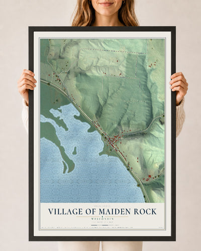 Map of Maiden Rock, Wisconsin, 24 x 36 inch print in a black wood frame