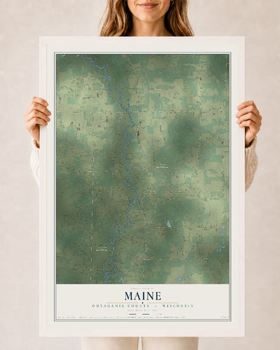 Map of Maine, Outagamie County, Wisconsin, 24 x 36 inch print in a white wood frame