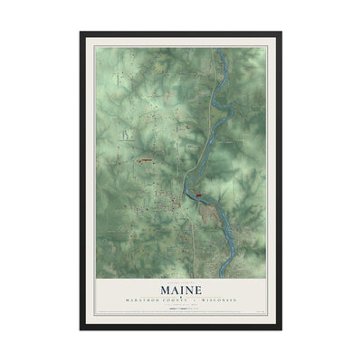 Map of Maine, Marathon County, Wisconsin, 12 x 18 inch print in a black wood frame