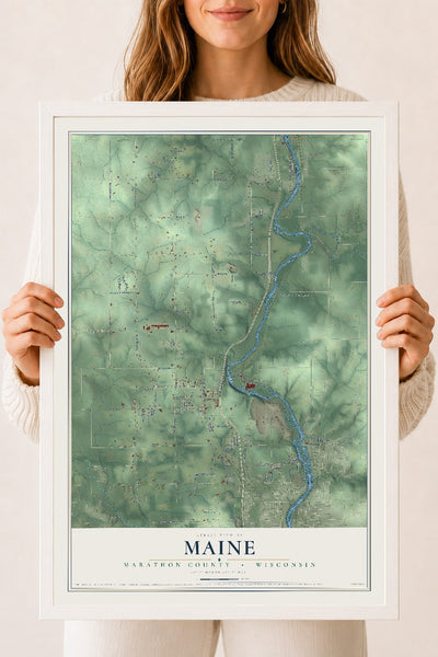 Map of Maine, Marathon County, Wisconsin, 18 x 24 inch print in a white wood frame