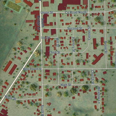 Close-up of the map of Manawa, Wisconsin print showing street and building detail