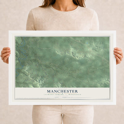 Map of Manchester, Jackson County, Wisconsin, 12 x 18 inch print in a white wood frame