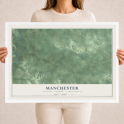 Map of Manchester, Jackson County, Wisconsin, 18 x 24 inch print in a white wood frame