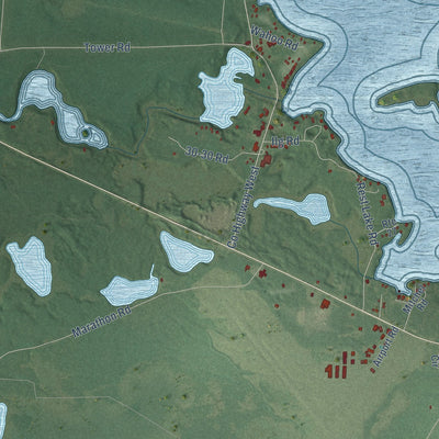 Second close-up of the map of Manitowish Waters, Wisconsin print showing more streets and buildings