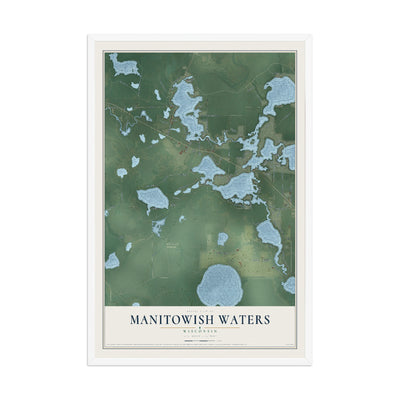 Map of Manitowish Waters, Wisconsin, 12 x 18 inch print in a white wood frame