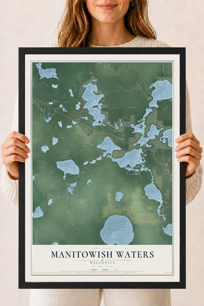 Map of Manitowish Waters, Wisconsin, 18 x 24 inch print in a black wood frame
