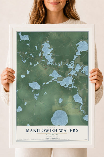 Map of Manitowish Waters, Wisconsin, 18 x 24 inch print in a white wood frame