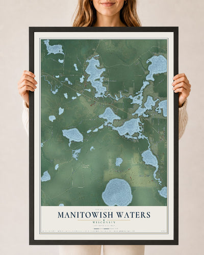 Map of Manitowish Waters, Wisconsin, 24 x 36 inch print in a black wood frame