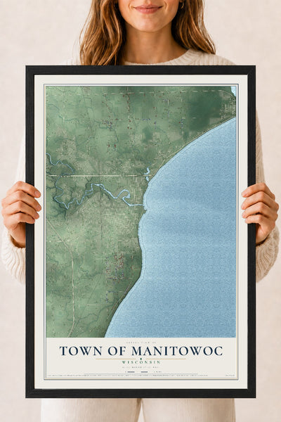 Map of the Town of Manitowoc, Wisconsin, 18 x 24 inch print in a black wood frame