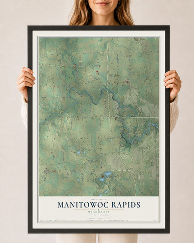 Map of Manitowoc Rapids, Wisconsin, 24 x 36 inch print in a black wood frame