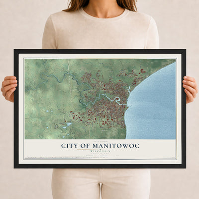 Map of Manitowoc, Wisconsin, 12 x 18 inch print in a black wood frame
