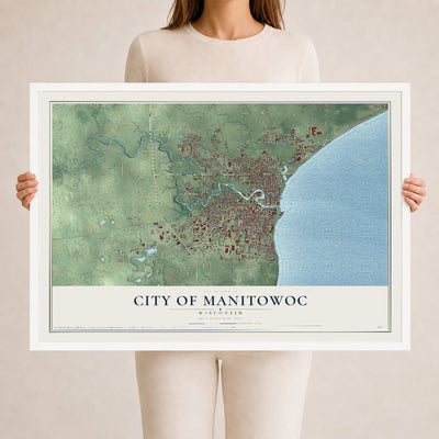 Map of Manitowoc, Wisconsin, 24 x 36 inch print in a white wood frame