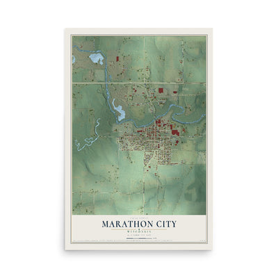 Map of Marathon City, Wisconsin, 12 x 18 inch unframed archival matte print