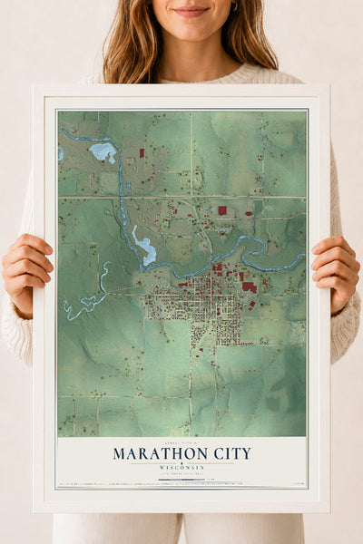 Map of Marathon City, Wisconsin, 18 x 24 inch print in a white wood frame