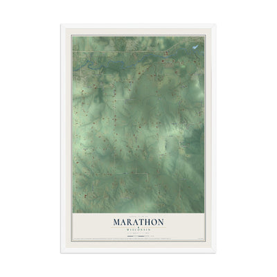 Map of Marathon, Wisconsin, 12 x 18 inch print in a white wood frame
