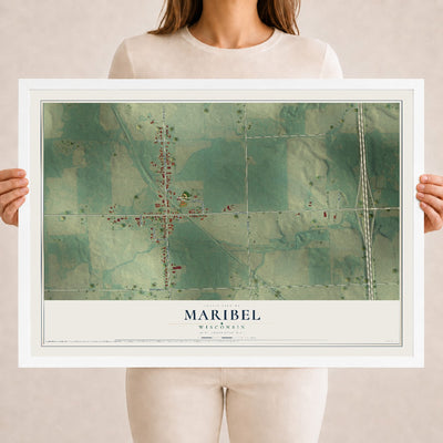 Map of Maribel, Wisconsin, 18 x 24 inch print in a white wood frame