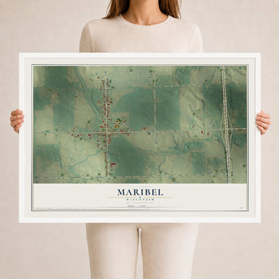 Map of Maribel, Wisconsin, 24 x 36 inch print in a white wood frame