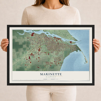 Map of Marinette, Wisconsin, 12 x 18 inch print in a black wood frame