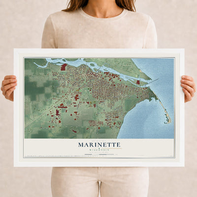 Map of Marinette, Wisconsin, 12 x 18 inch print in a white wood frame