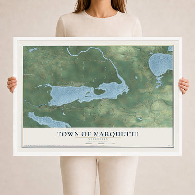 Map of the Town of Marquette, Wisconsin, 24 x 36 inch print in a white wood frame