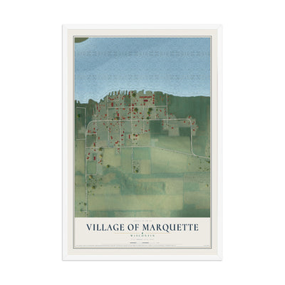 Map of Marquette, Wisconsin, 12 x 18 inch print in a white wood frame