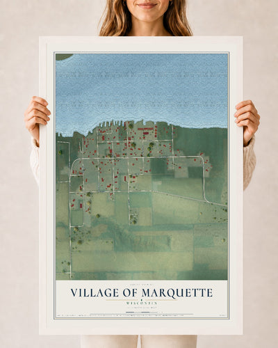 Map of Marquette, Wisconsin, 24 x 36 inch print in a white wood frame