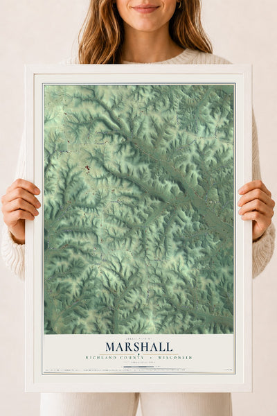 Map of Marshall, Richland County, Wisconsin, 18 x 24 inch print in a white wood frame