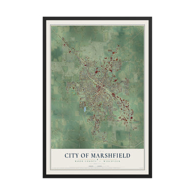 Map of Marshfield, Wisconsin, 12 x 18 inch print in a black wood frame
