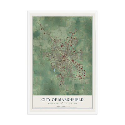 Map of Marshfield, Wisconsin, 12 x 18 inch print in a white wood frame