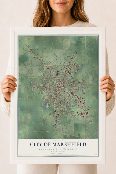 Map of Marshfield, Wisconsin, 18 x 24 inch print in a white wood frame