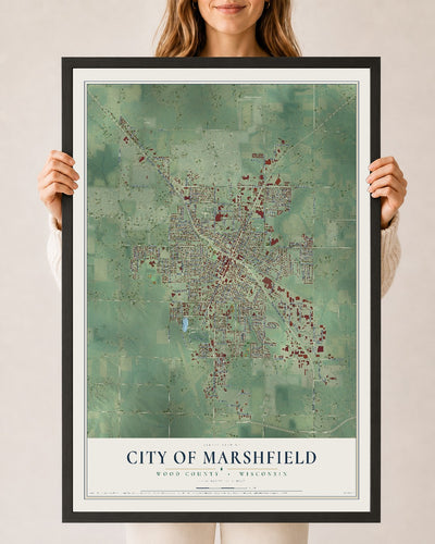 Map of Marshfield, Wisconsin, 24 x 36 inch print in a black wood frame