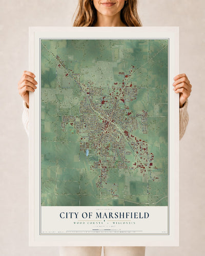 Map of Marshfield, Wisconsin, 24 x 36 inch print in a white wood frame