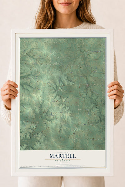 Map of Martell, Wisconsin, 18 x 24 inch print in a white wood frame