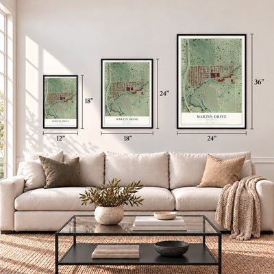 Martin Drive, Wisconsin map in 12 x 18, 18 x 24 and 24 x 36 inch sizes above a sofa