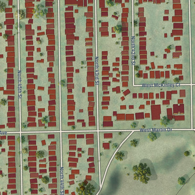 Close-up of the map of Martin Drive, Wisconsin print showing street and building detail