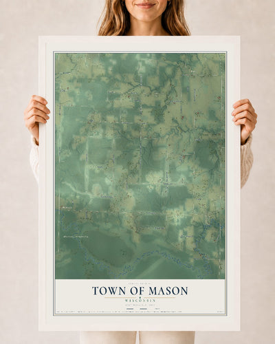 Map of the Town of Mason, Wisconsin, 24 x 36 inch print in a white wood frame