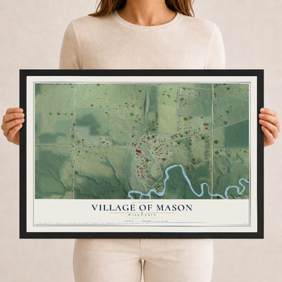 Map of Mason, Wisconsin, 12 x 18 inch print in a black wood frame