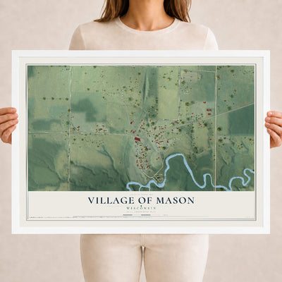Map of Mason, Wisconsin, 18 x 24 inch print in a white wood frame